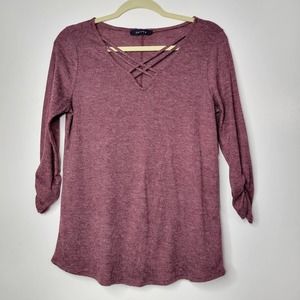 S Top Tee Shirt Blouse Burgundy Maroon Corvia Sweater Strappy neck HH